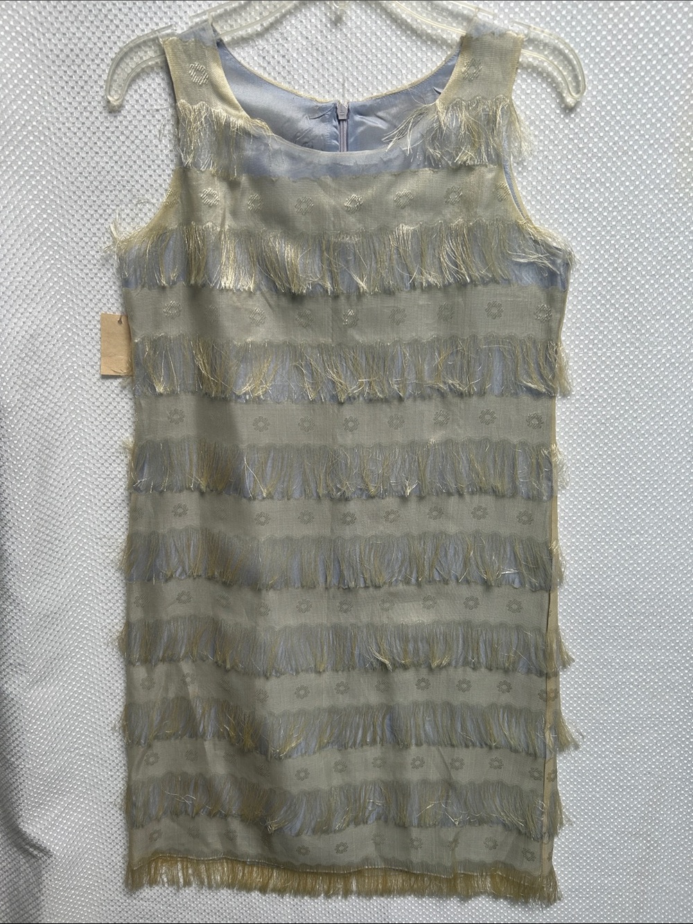Moka 100% Silk Grey/green w Yellow Fringe long slim cut Dress NWT. Made Canada.
